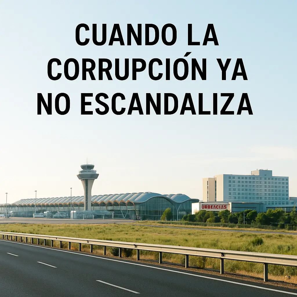 Autopista vacía con un hospital y un aeropuerto al fondo, bajo un cielo despejado, junto al mensaje “Cuando la corrupción ya no escandaliza”.