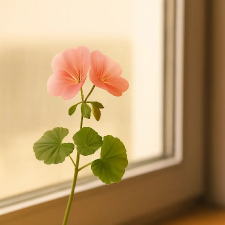 Flor rosada junto a una ventana, símbolo de vida y gratitud
