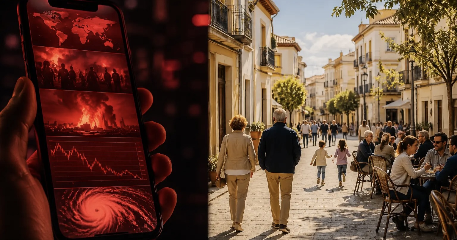 Móvil con titulares alarmistas junto a una calle española soleada y tranquila — el país emocional y el país real.