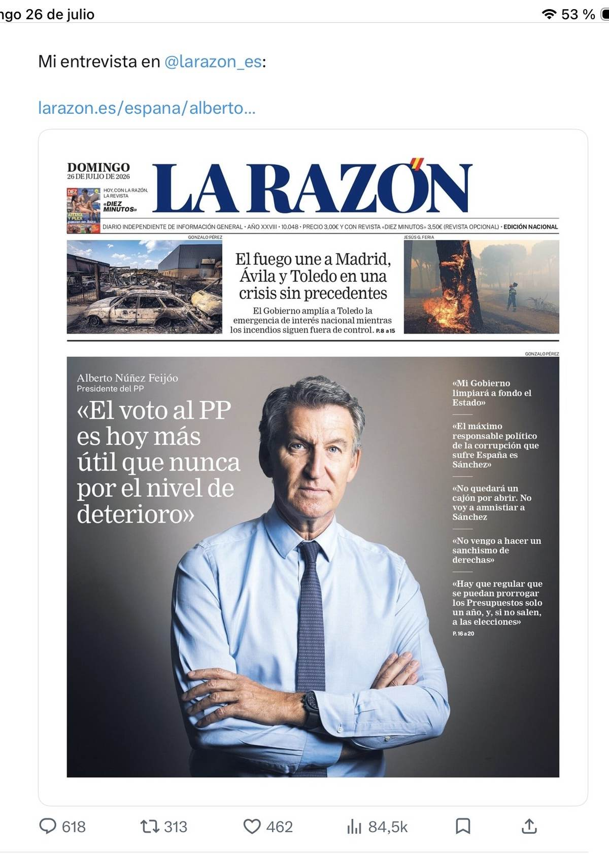 Portada de La Razón del 26 julio 2026: incendios en Madrid, Ávila y Toledo como noticia principal